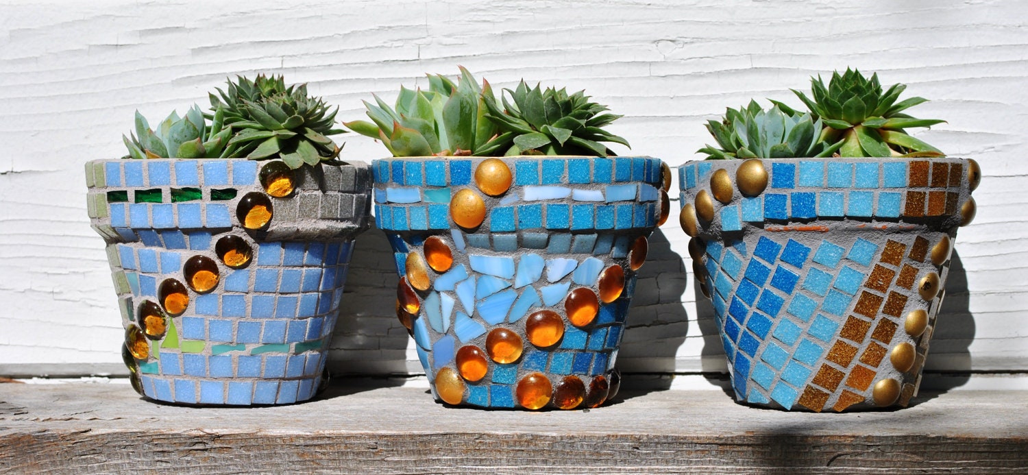 Trio of Mosaic Tile Flower Pots in tranquil shades of blue