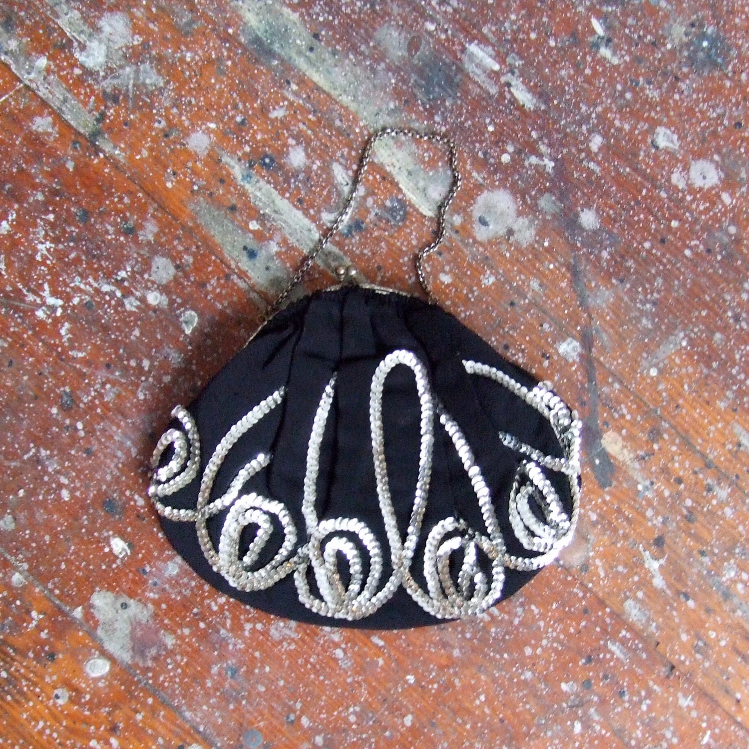 SALE / Vintage 1940s small black silk crepe purse with silver sequin detailing