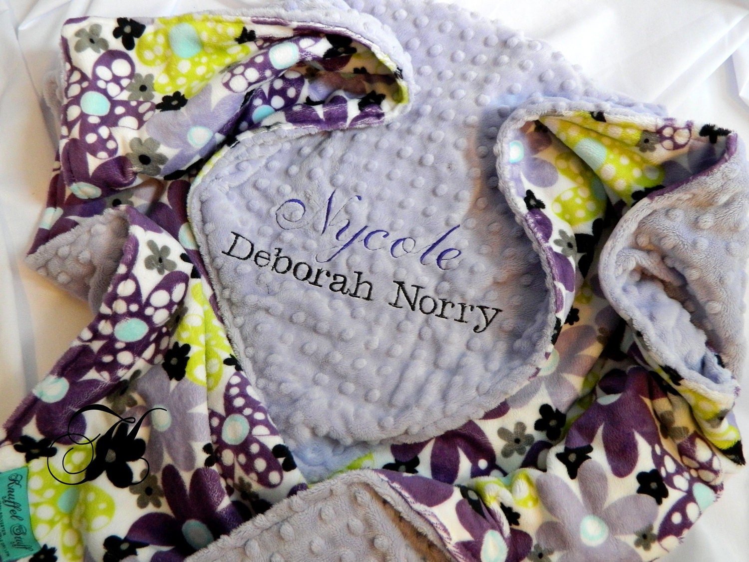 Minky Blanket - Personalized baby blanket - Lilac minky dot with dot n daisies print - 30x36"