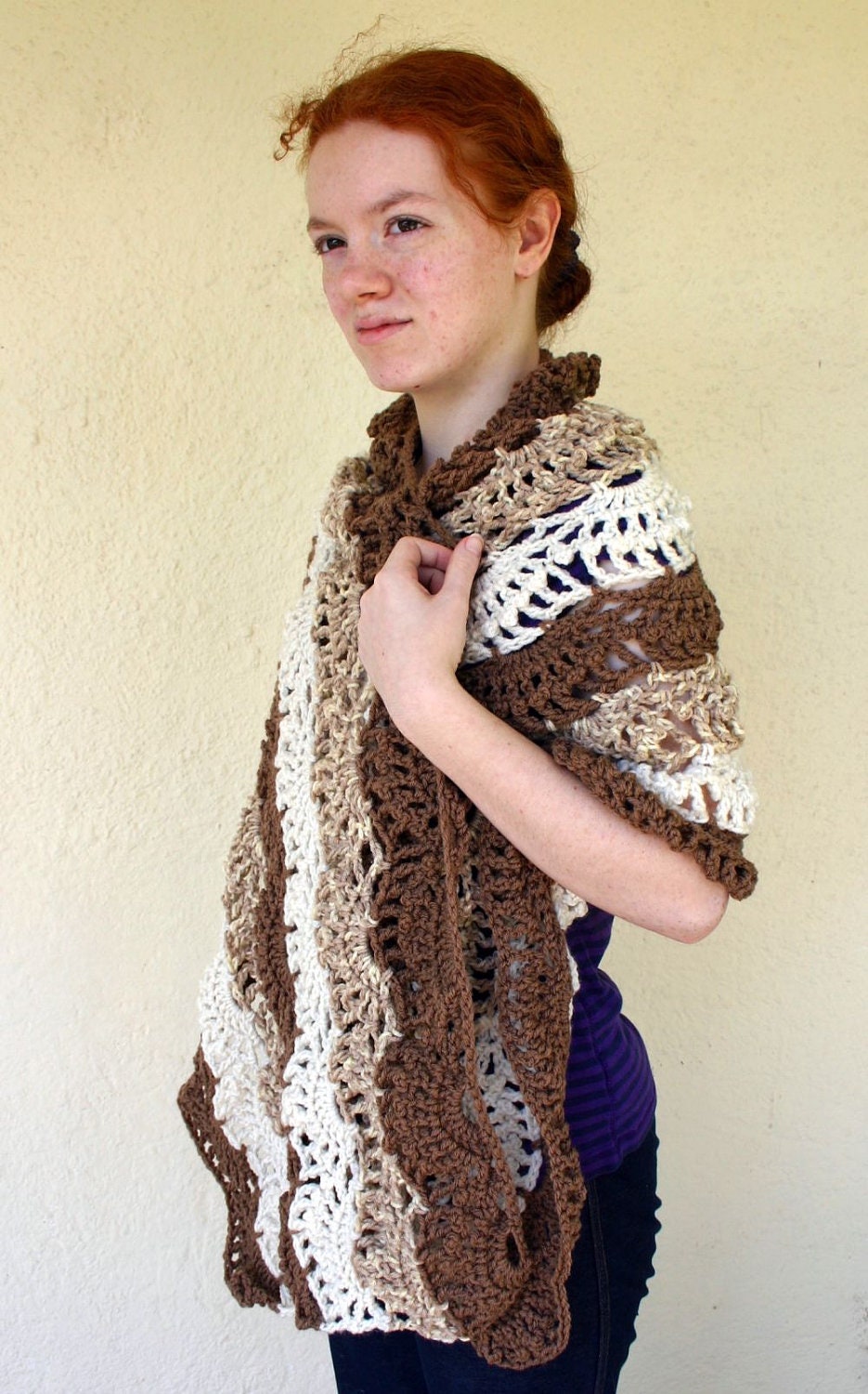 Crocheted wrap brown white shawl rectangular lacy striped neutral women rectangle stole wearable accessory warm
