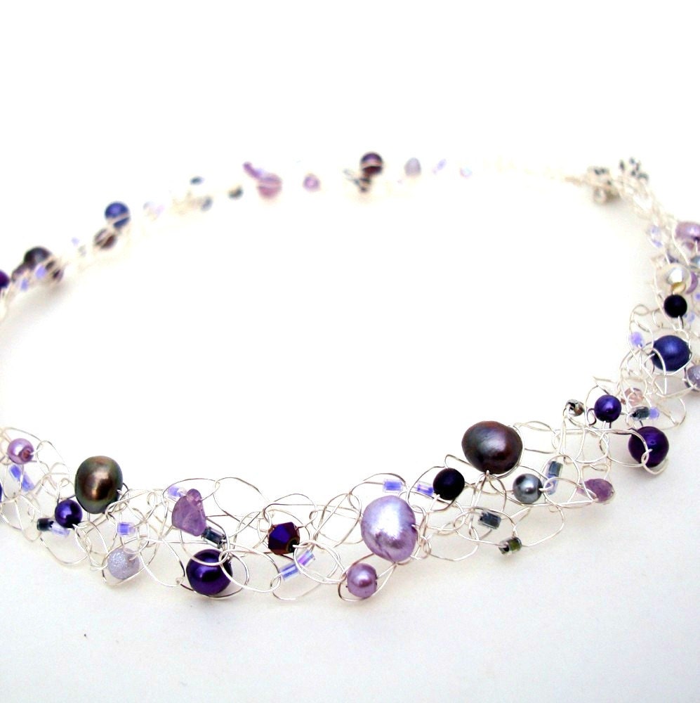 Lilac Lavender Purple Wedding Party Bridesmaid Jewelry Necklace Pearl & Crystal Knit Wire Choker Amethyst Silver Spring Pastel
