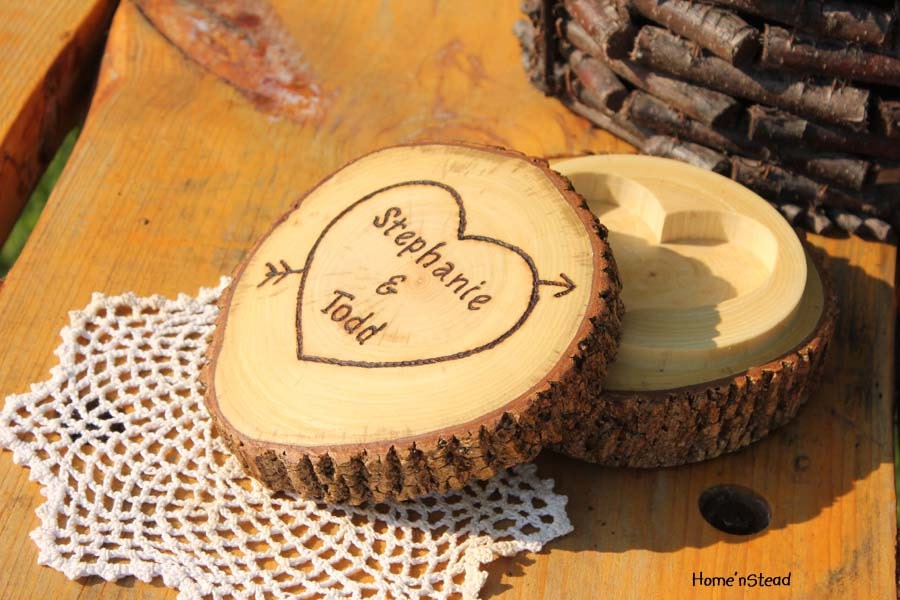 Rustic Wedding Log Ring Box/Pillow Ring Bearer Log Jewelry Box With Lid Custom Personalization