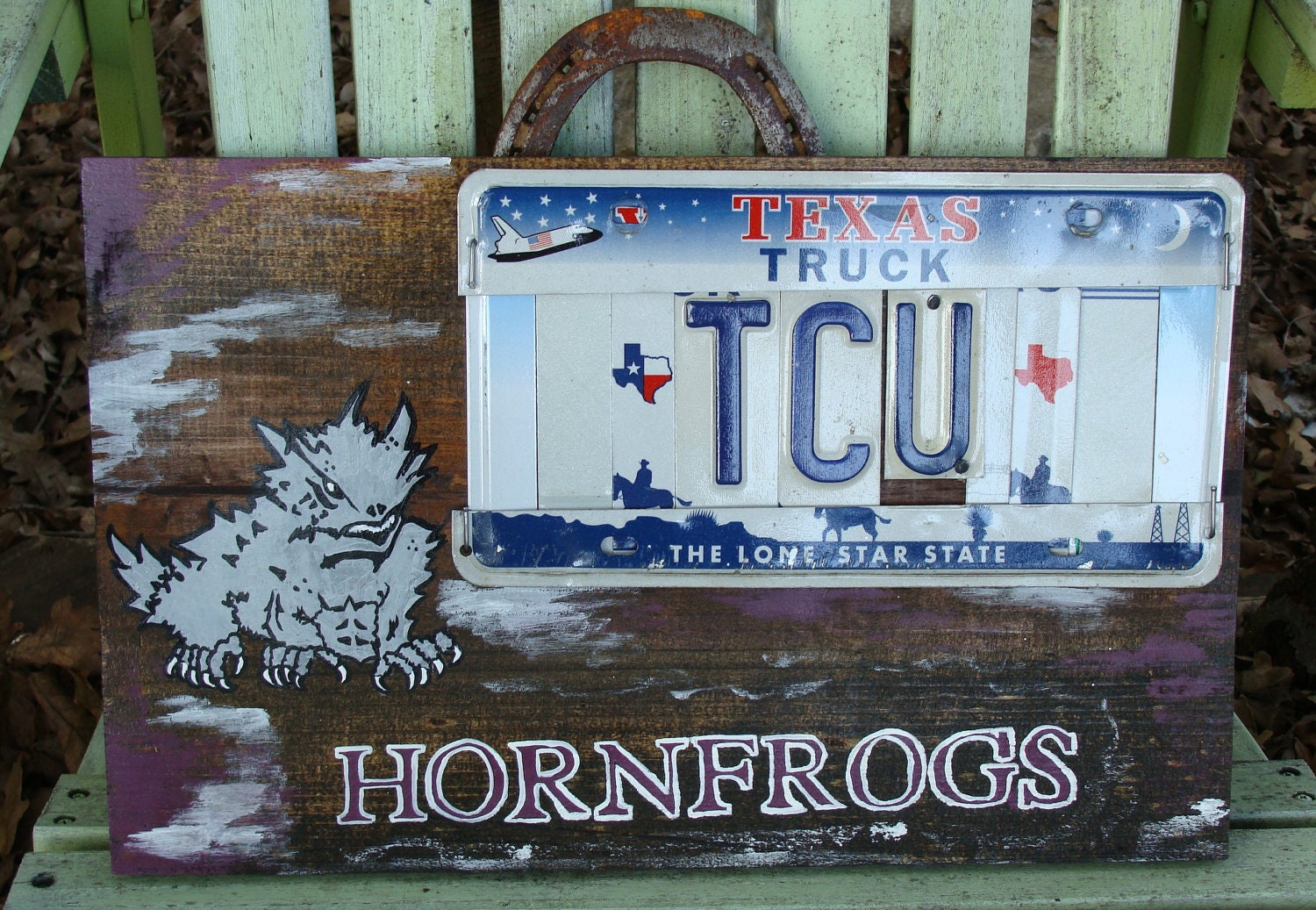 TCU Hornfrogs License Plate Hand Painted Pine Wood Sign