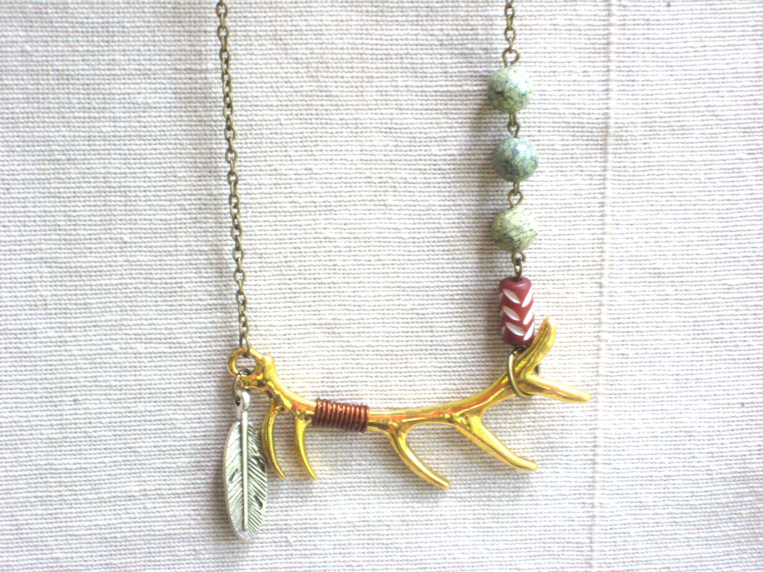 Deer Antler Pendant Necklace with Silver Feather, Chevron Bead and Green Serpentine Stones, Antique Gold Brass, Nature Jewelry, Woodland