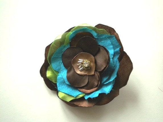 Peacock Blue Satin Flower Boho Brooch Pin Handmade Holiday Brooch or Hair Pin