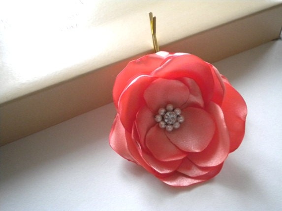 Bright Coral Large Satin Flower Rose Pins Handmade Wedding Prom Party fall