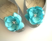 Shoe Clips Tiffany Blue Satin Flowers with Rhinestone Center Handmade customize your color