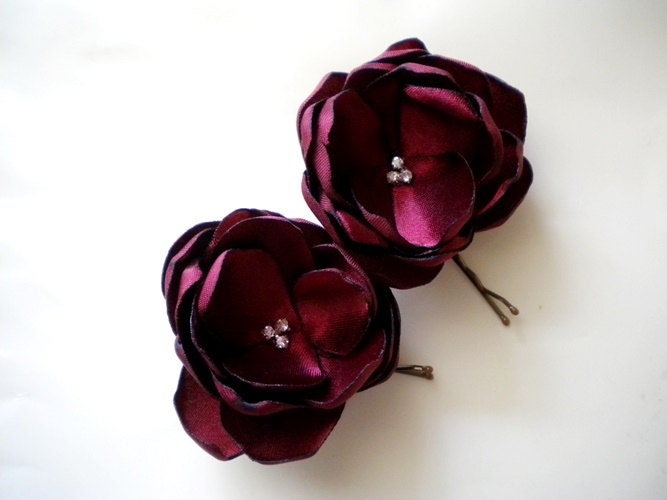 Petite Roses Cranberry  Satin Flower Pins Handmade Wedding