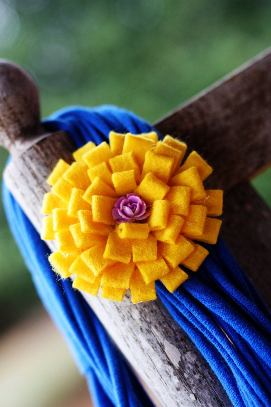 Infinity Scarf Necklace with Felt Rosette Brooch - Bright Blue with Yellow Rosette Lavender center
