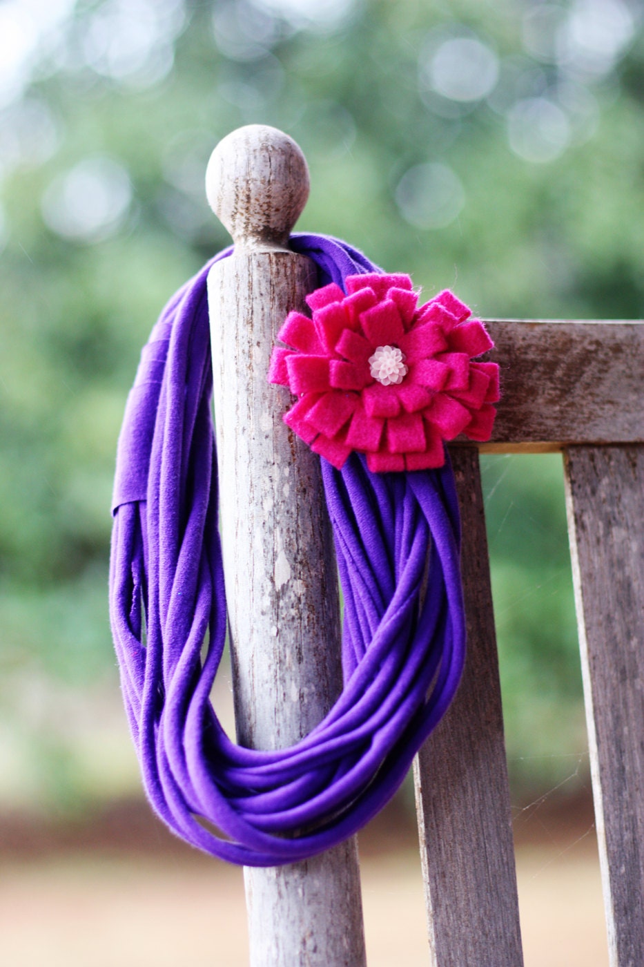 Infinity Scarf Necklace with Felt Rosette Brooch - Bright Purple with Hot Pink Rosette Light Pink center