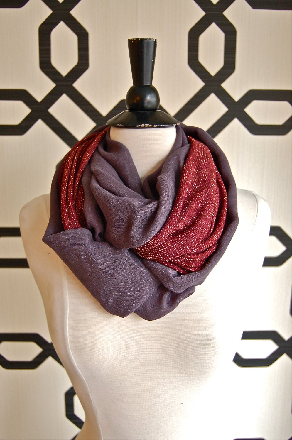 Grey and Wine Sparkle Tuesday Infinity Scarf
