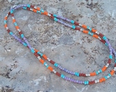 Long Bead Pattern Necklace or Wrap Bracelet - Purple, Silver, Orange, Brick and Turquoise