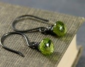 Peridot Earrings, Oxidized Sterling Silver Wire Wrapped Faceted Stone Briolettes - Sweet Peas