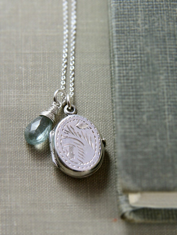 Small Sterling Silver Locket Necklace Moss Aquamarine Wire Wrapped Fashion Gift Under 100