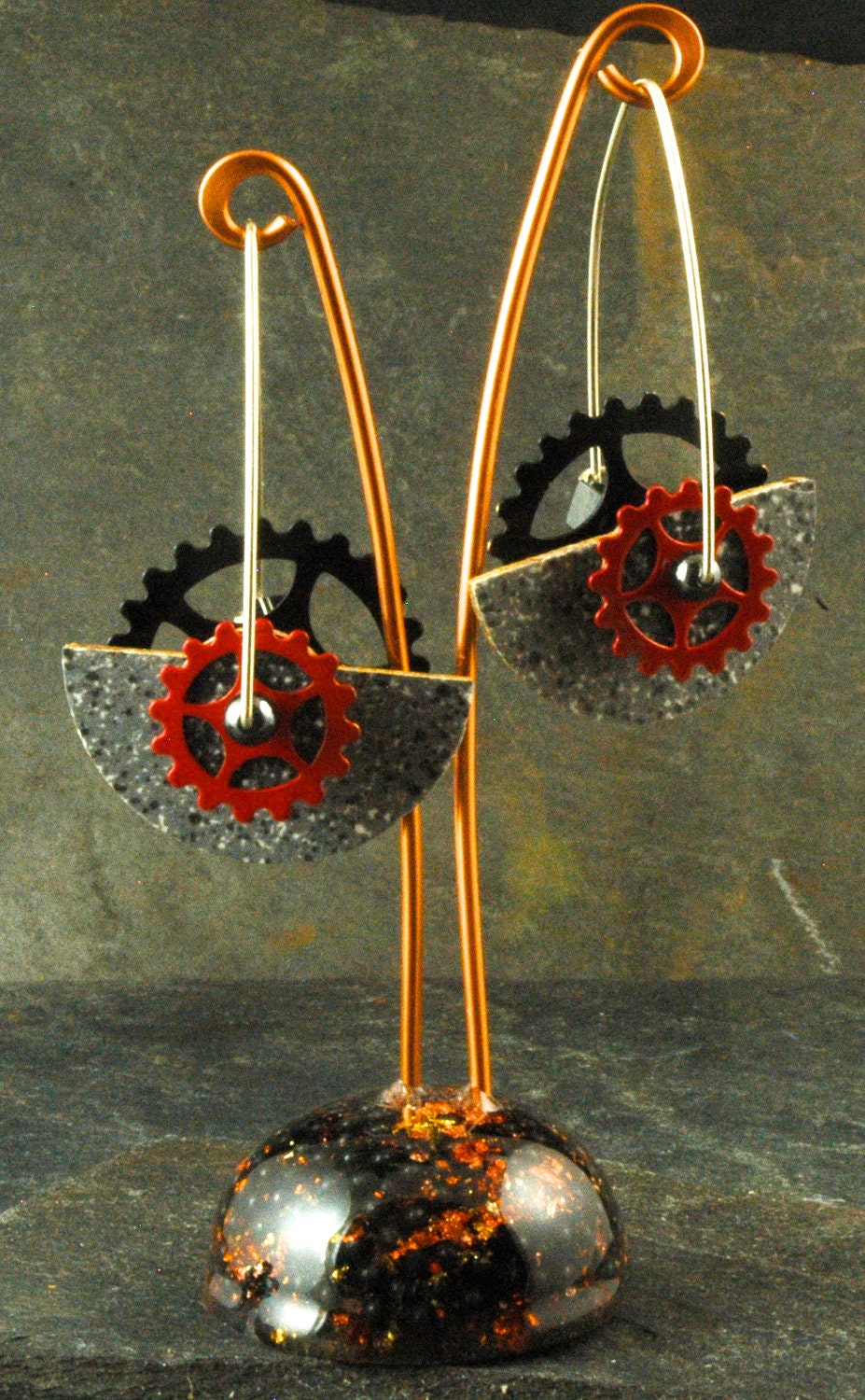 Clock Works Red Dangle Kinetic Earrings