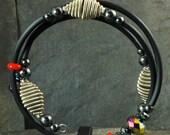 Rubber Bracelet with Cocoons, Black Crystal, Red Vintage Glass,Hematite and Stainless