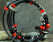 Three Wrap Black Rubber Bracelet Vintage Glass,Red Coral, Rubber and Stainless Fifty Shades of Grey Series