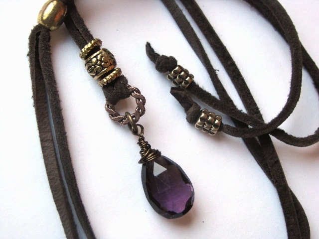 Leather Amulet Pendant Necklace with Plum Purple Quartz