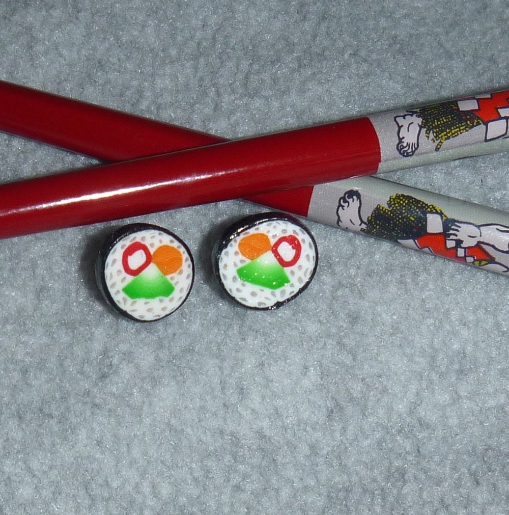 SUSHI ROLL Post EARRINGS Maki, Fimo Polymer Clay Kawaii, Yummy