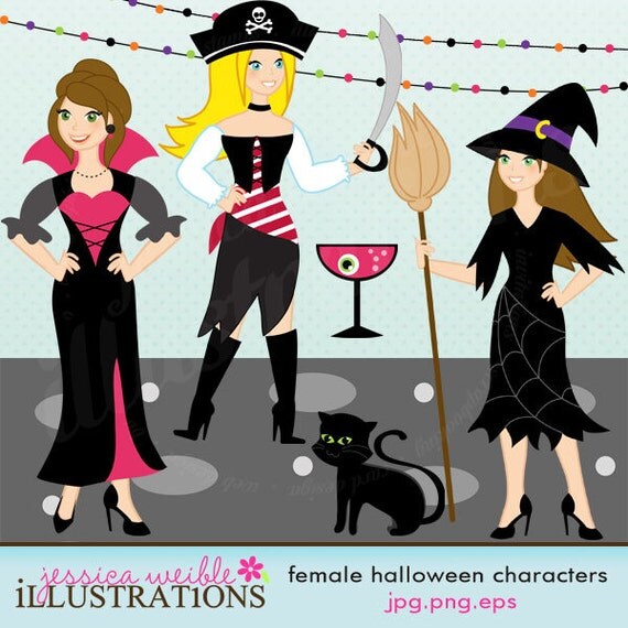 Female Halloween Characters Cute Digital Clipart for Card Design, Scrapbooking, and Web Design Il_570xn