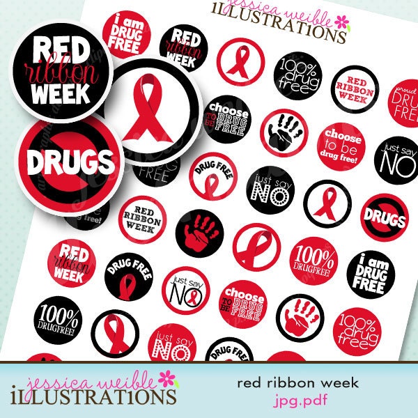 Red Ribbon Week Drug Free Theme Printable 1 inch Circle Collage Sheet, 1-inch Bottle Cap Circles, Digital File Il_570xn