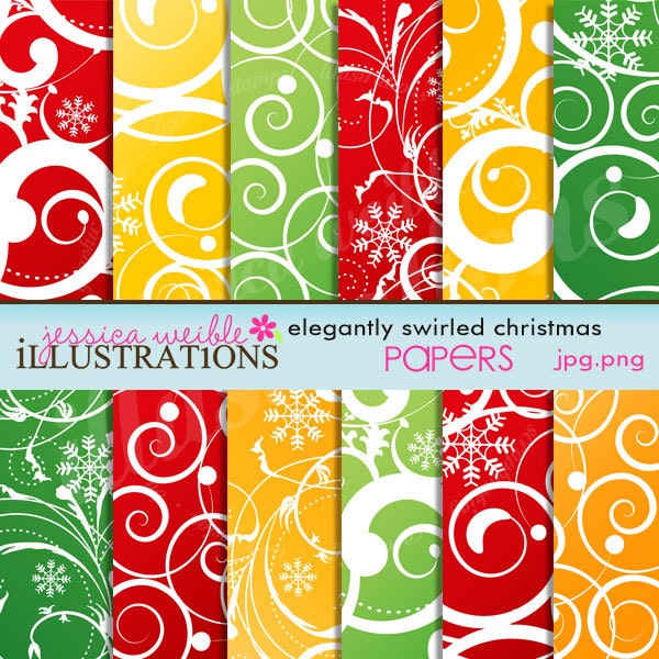 Elegantly Swirled Christmas Digital Papers for Invitations, Card Design, Scrapbooking, and Web Design Il_570xn