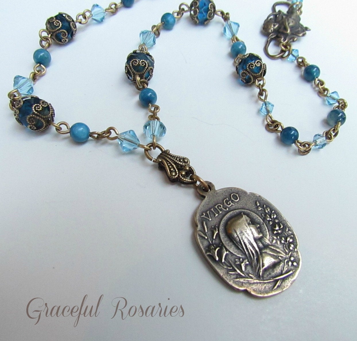 Virgin Mary Necklace Turquoise crystal and Vintage style Bronze Medal