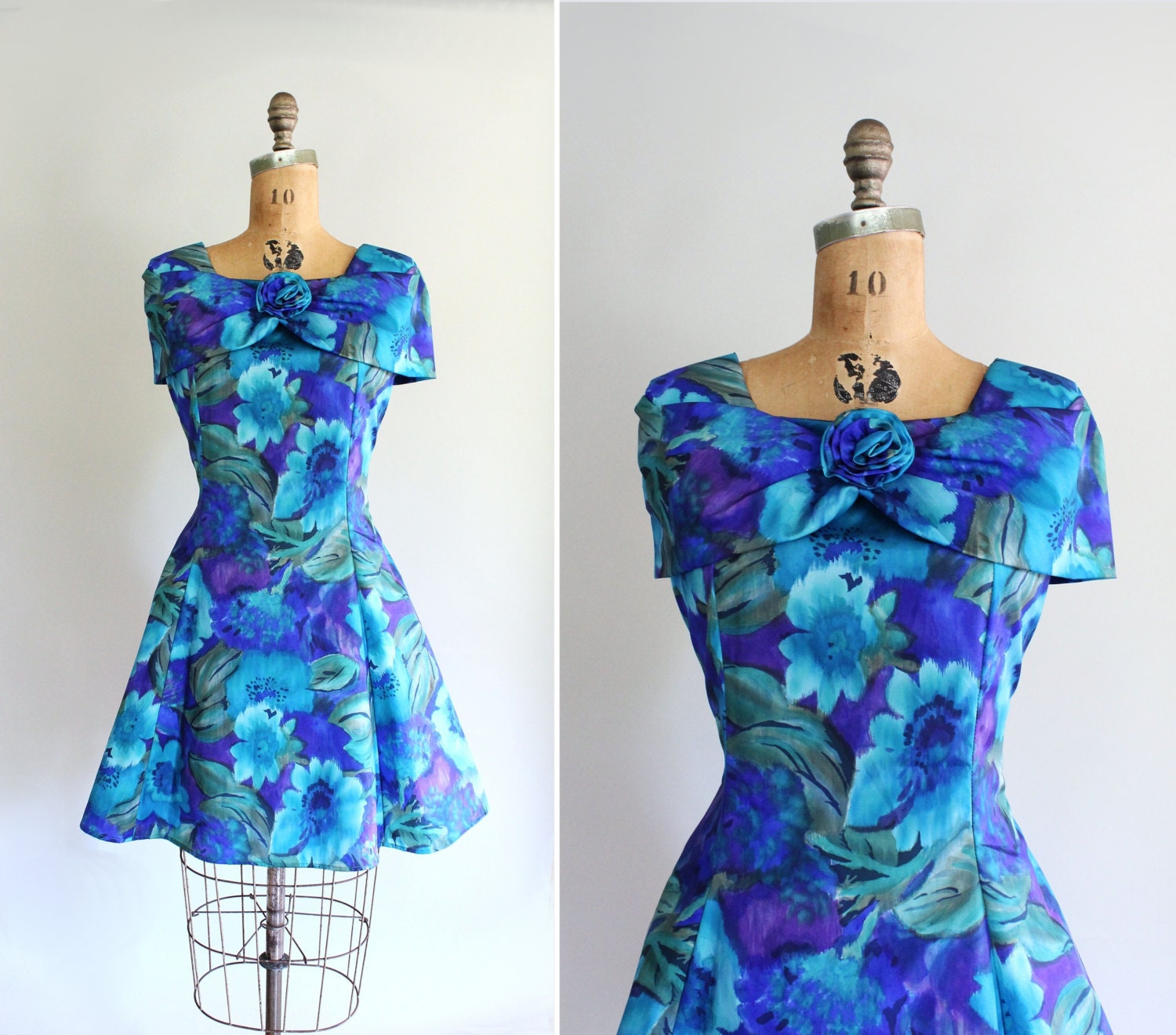 50s style dress - vintage party dress - cocktail dress - minidress - watercolor floral print - blue, teal green, purple - Small