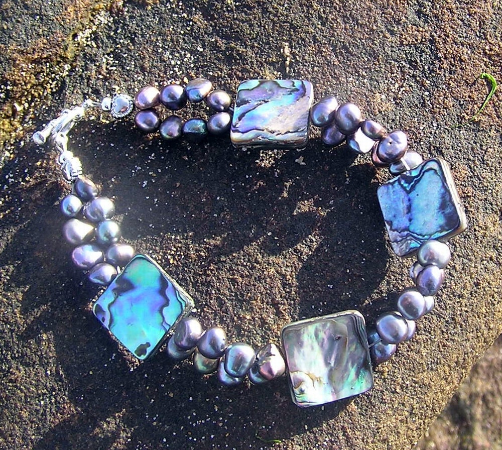 Abalone Shell & Freshwater Pearl Gemstone Bracelet - "Peacock Shimmer"