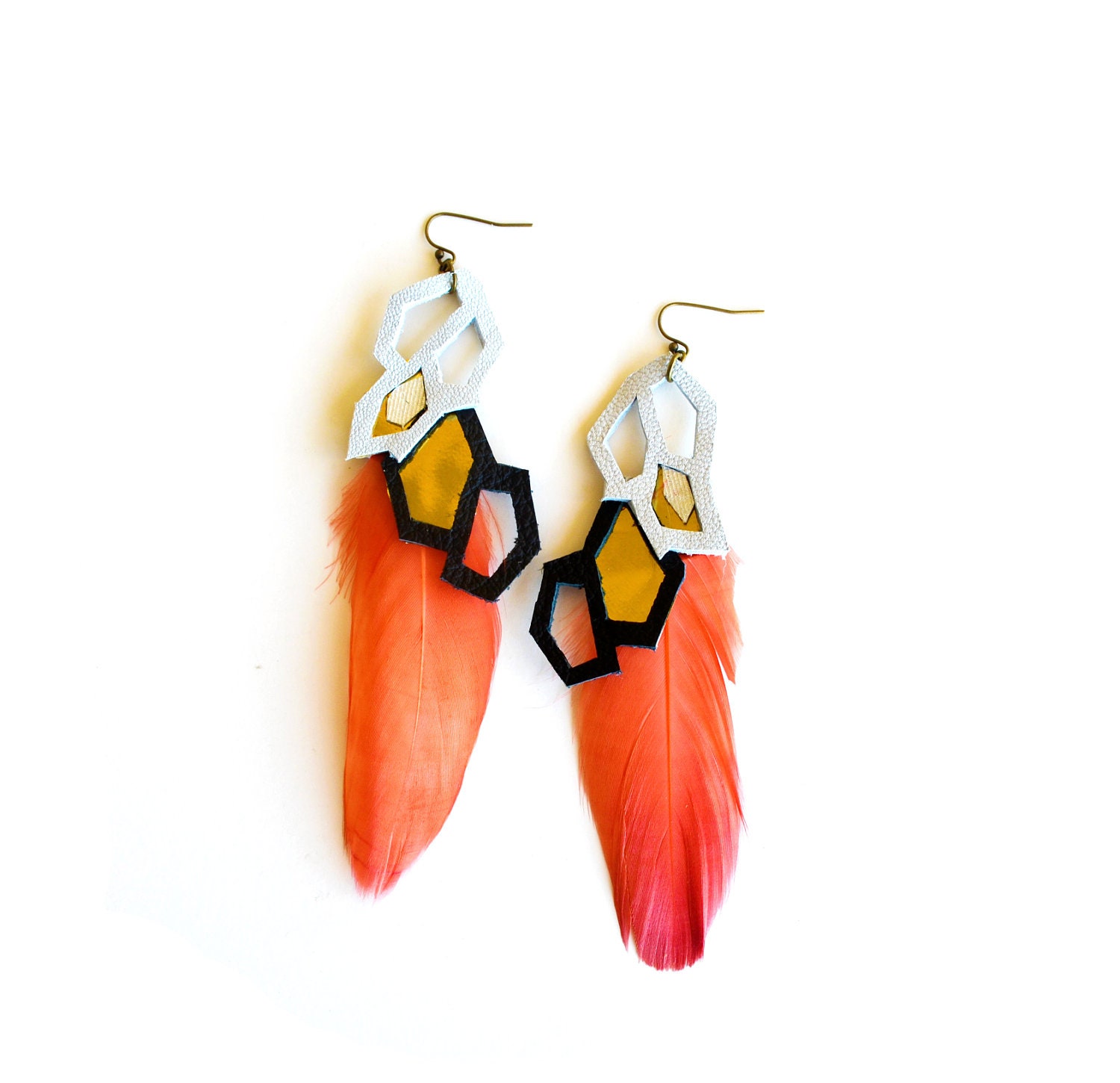 Metallic Leather Earrings Geometric Hexagons and Feathers