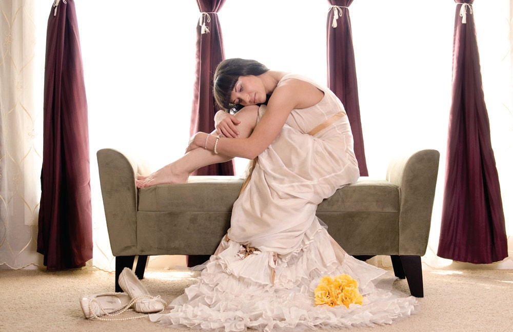 Michelle- Custom Silk Chiffon Wedding Gown With High-low hem and Ruffled Train