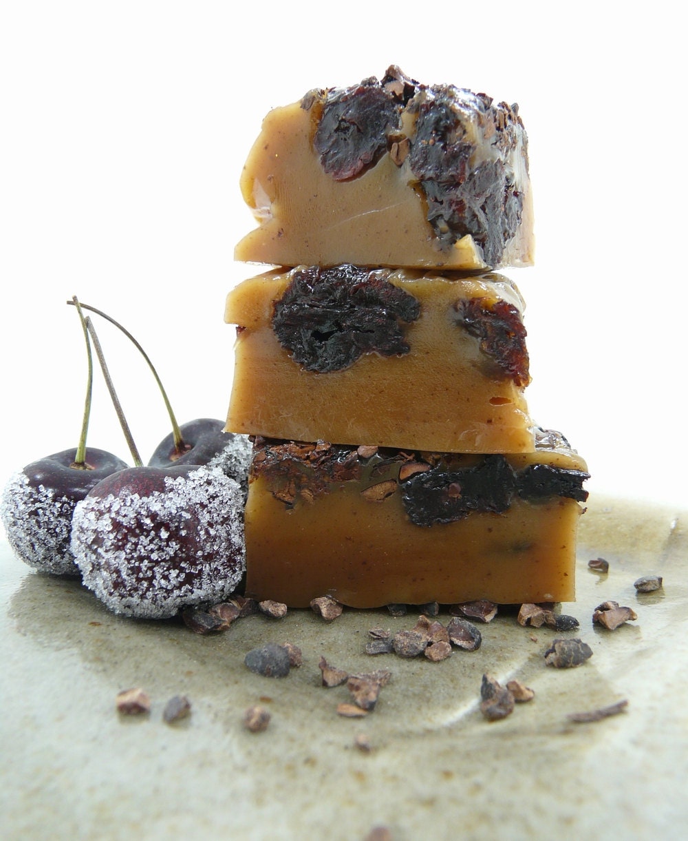 Caramels Black Cherry Cocoa Nib - Winter Wedding favor - Hostess Gift - handmade candy
