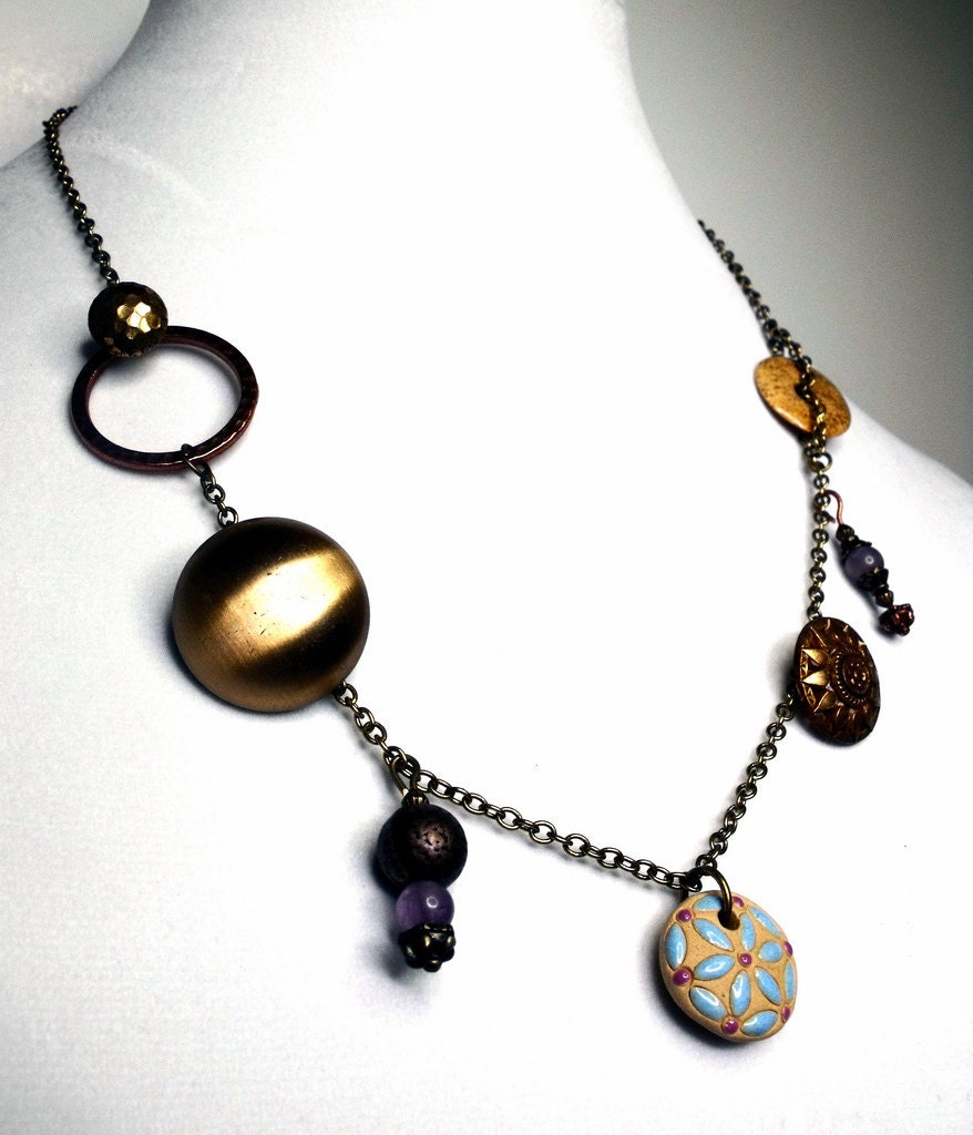 Golden Hour Necklace--Vintage Brass Buttons, Amethyst Dangles, Jasper Donut, Clay Pendant, Earthtones, Natural, Warm, Sand