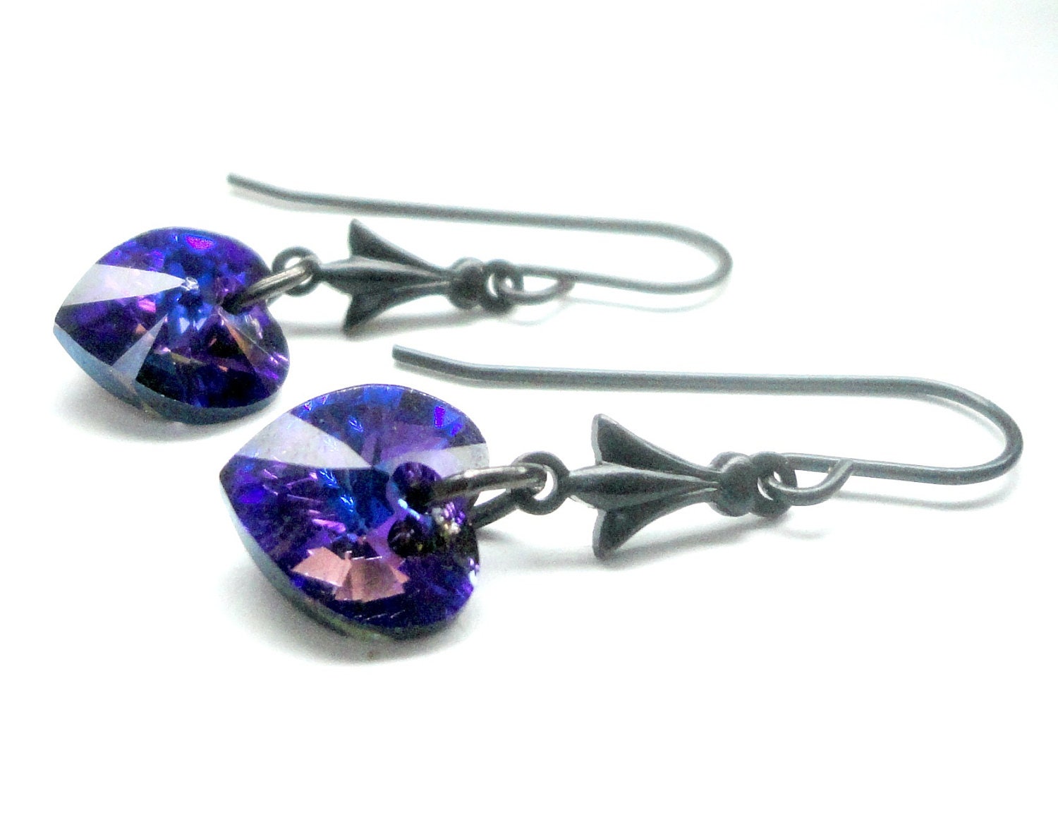 Valentine Heart Earrings, Blue Purple Crystal Heart Earrings, Swarovski Crystal Jewelry, Heart Earrings - Valentine Heart Jewelry