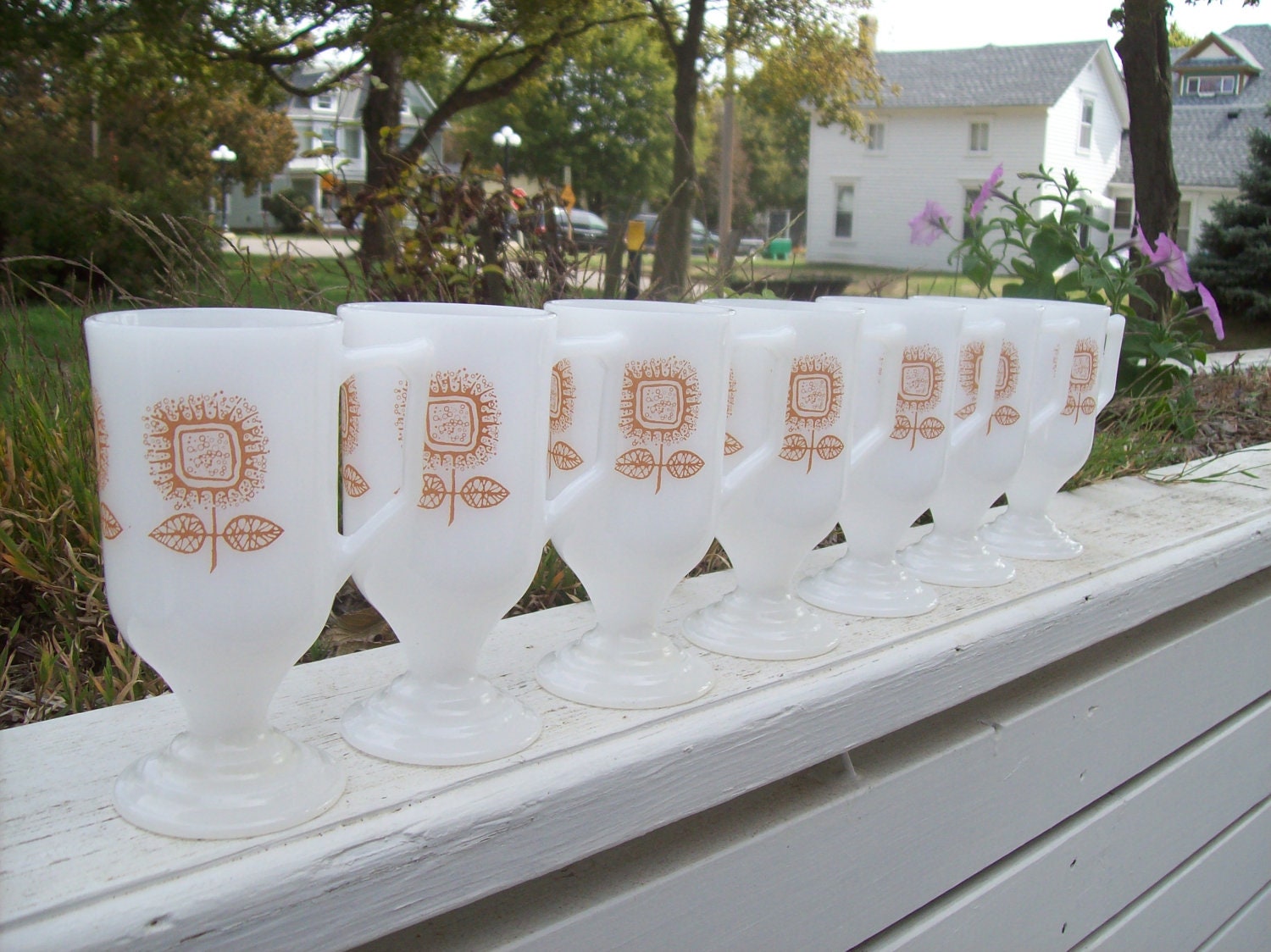 Vintage Fire King Milk Glass Pedestal Mugs with Floral Design -Set of 7