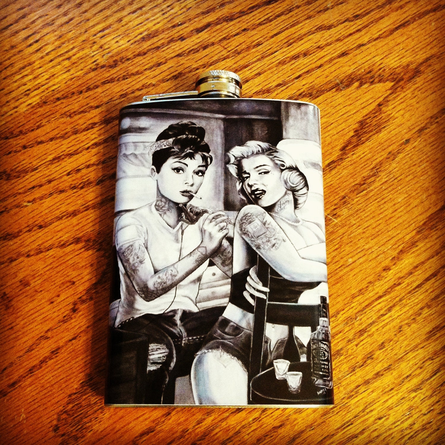 Marilyn Monroe and Audrey Hepburn tattooed pin up 8 oz stainless steel flask