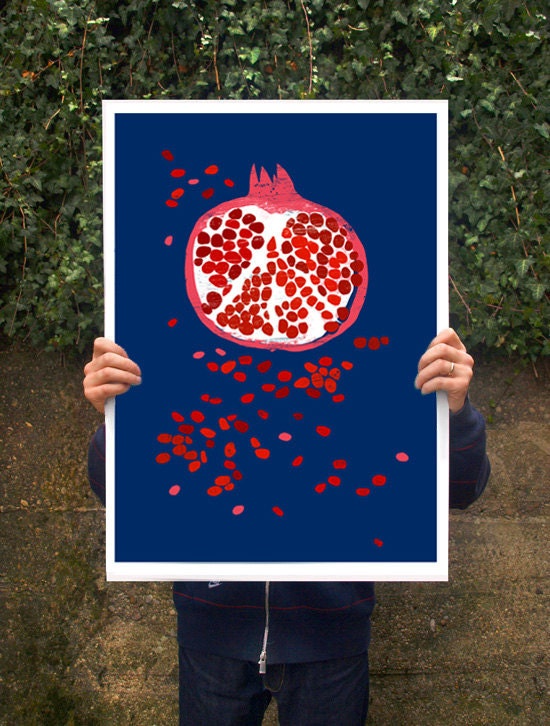 Art poster print - Indigo Pomegranate fruit -  20"x27" - archival fine art giclée print