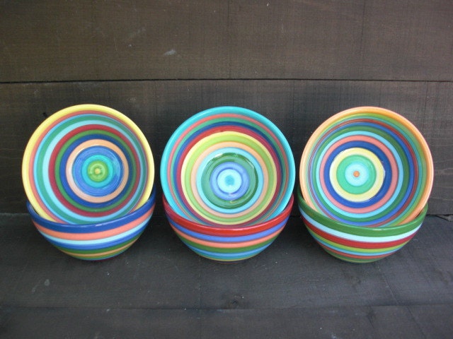 Set of 6 - Colorful Rainbow Striped Ceramic Cereal, Soup or Ice Cream Bowls