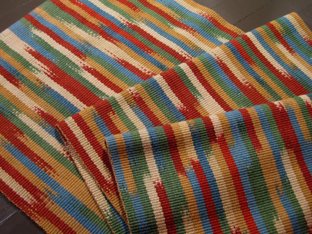 Long Floor Runner, Handwoven Wool, Hand Dyed Ikat Stripes Rug, 10'