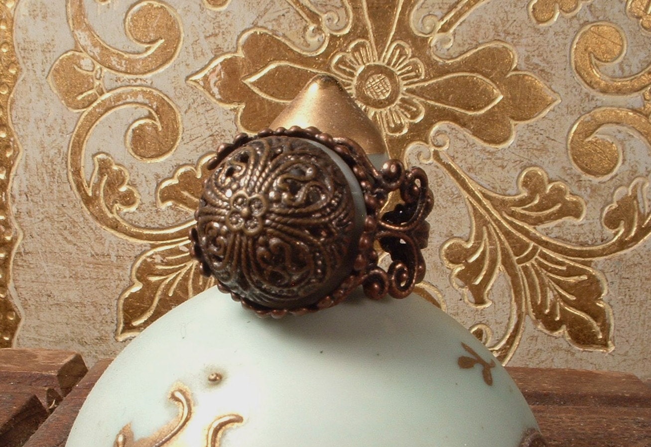 Antique Victorian Bronze Mirrored Filigree Dome Button Ring Adjustable OOAK