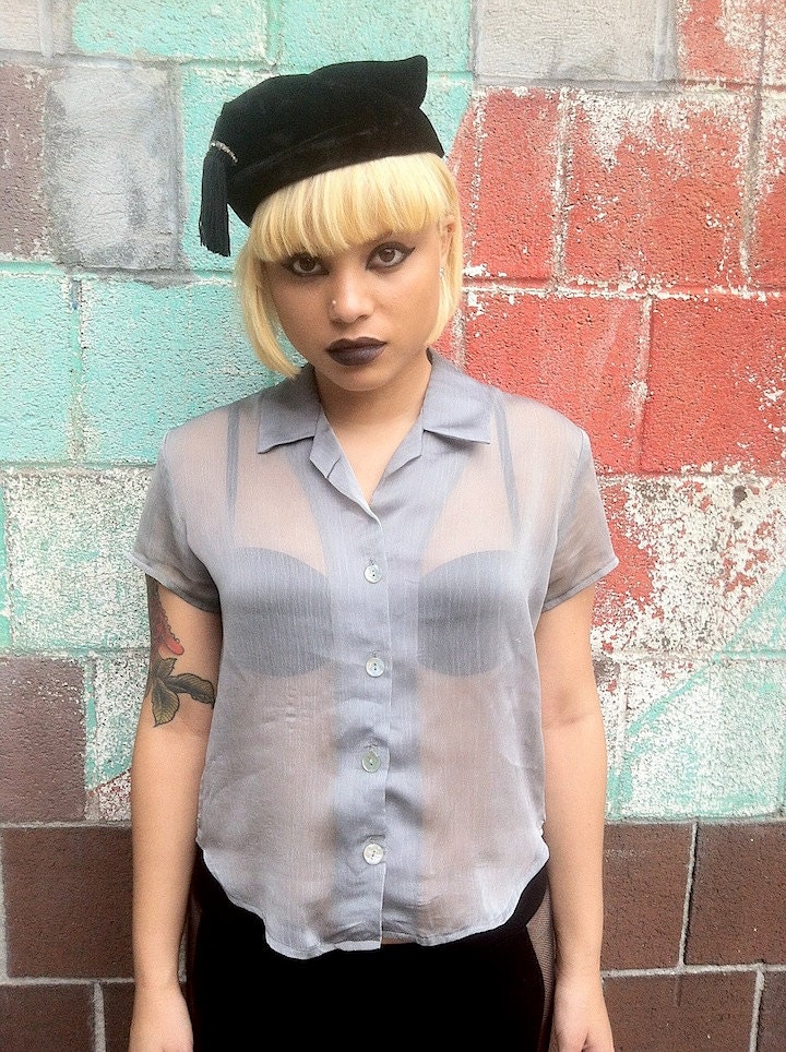 SALE 90s Silver Sheer Blouse S/M