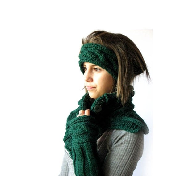 Hand Knitted Set of Dark Green Neck warmer, Head Warmer and Fingerless Pulse Warmer Emerald Green Autumn Winter MADE TO ORDER