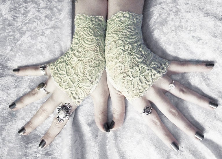 Willow Lace Fingerless Glove Mittens - Pale Sage Green Floral - Wedding Pastel Goth Bridesmaid Victorian Fetish Belly Dance Bohemian Bridal