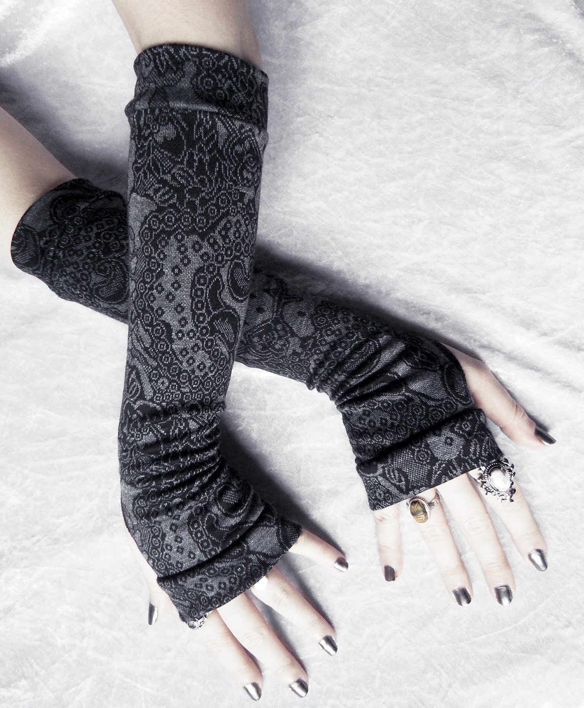 Shadow Time Arm Warmers - Charcoal Grey - Black Faux Lace Paisley - Gothic Victorian Goth Dark Tribal Bellydance Vampire Yoga Gypsy Emo