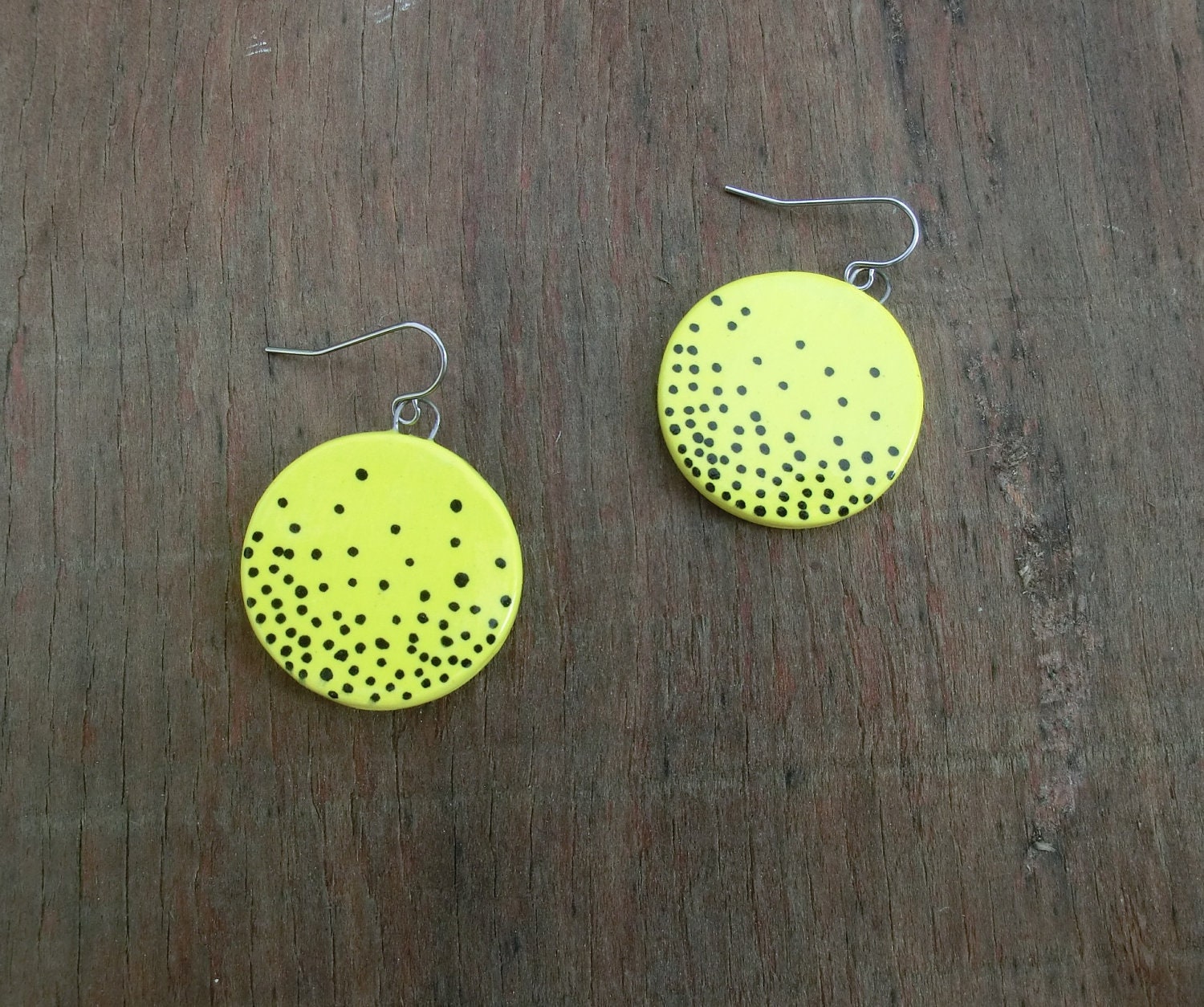 Neon Yellow Earrings with Black Polka Dots