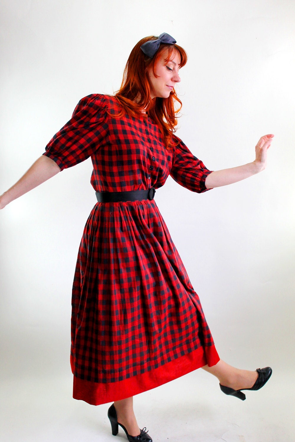 Sale - Red Black Buffalo Plaid Dress Set. Day Dress. Woodland. Cabin. Office Fashion. Boho. Spring Fashion. Size Medium - gogovintage