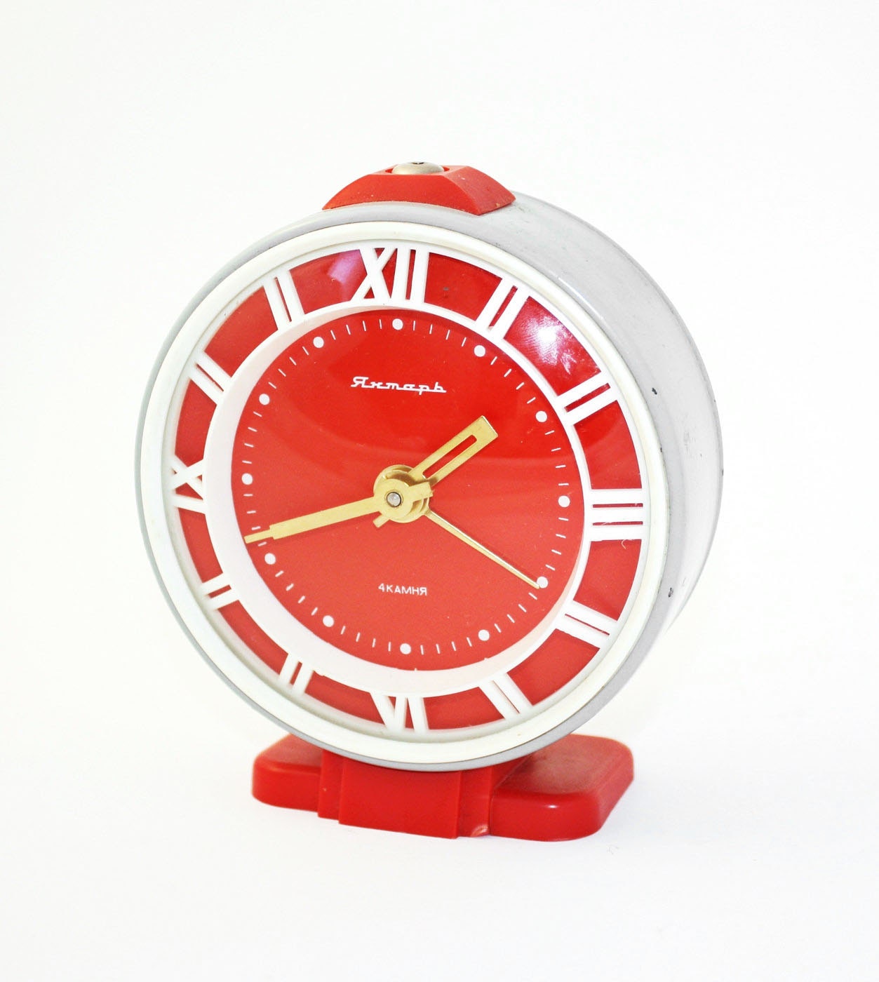 Vintage alarm clock Jantar from Soviet Union era mint color clock red grey clock