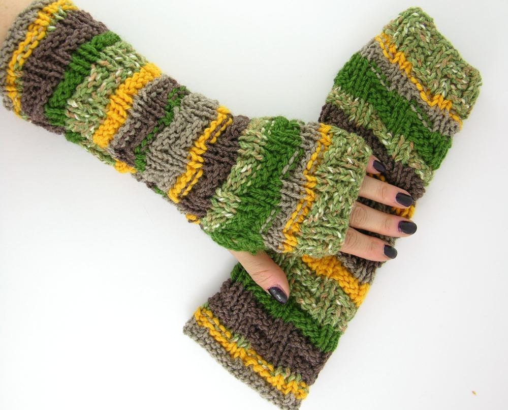 knit fingerless gloves arm warmers fingerless mittens fall autumn army green olive yellow taupe tagt team curationnation