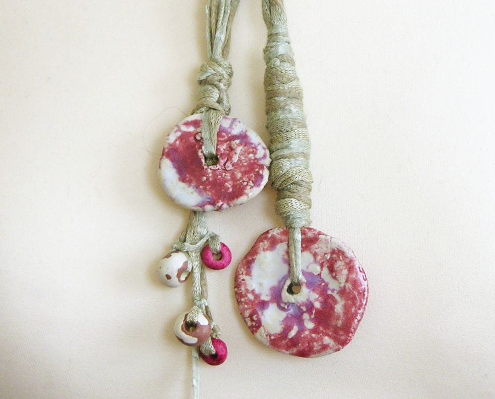 Skinny scarf lariat fiber necklace scarf necklace cotton ceramic long grey beige magenta vegan ooak ceramic beads women curationnation