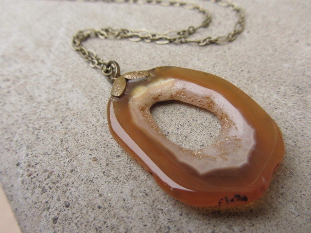 Upcycled Vintage Carmel Colored Polished Agate Pendant Necklace - Womens Upcycled Jewelry